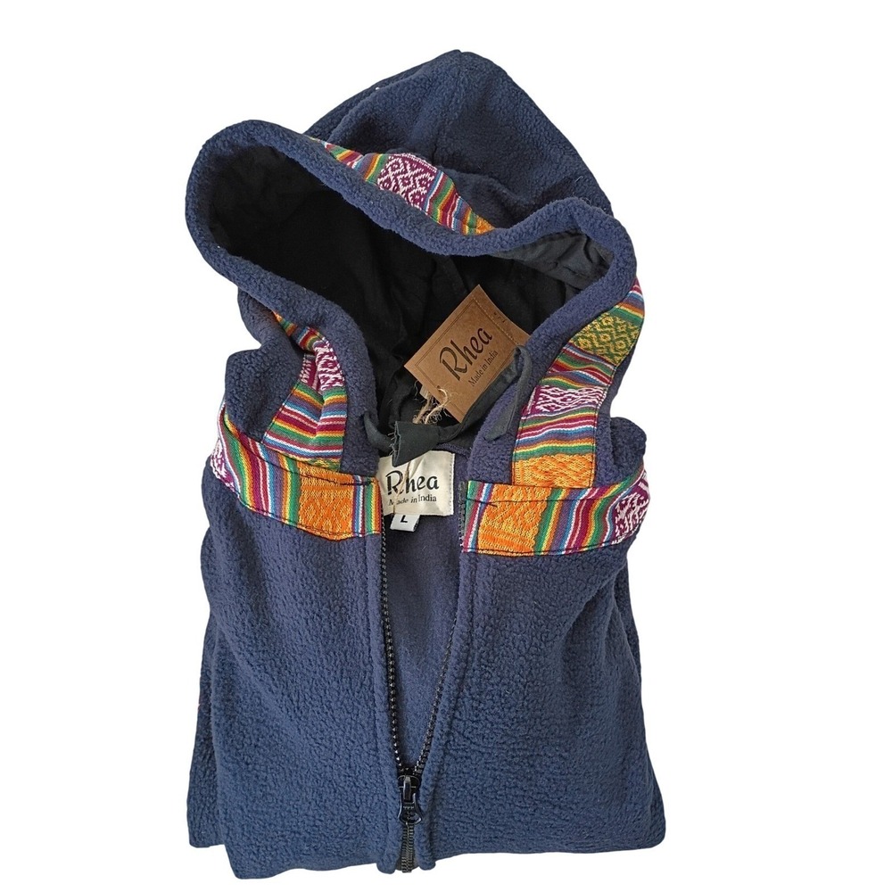 NWT Rhea Artisan Fleece Hoodie Jacket Navy Boho Trim Zip Up Women Unisex L NWT - Picture 10 of 10